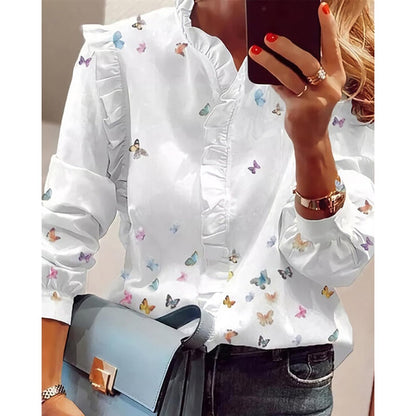 xakxx xakxx Women Elegant Fashion Butterfly Print Blouses Top Ruffled Trim Casual Long Sleeve Blouse