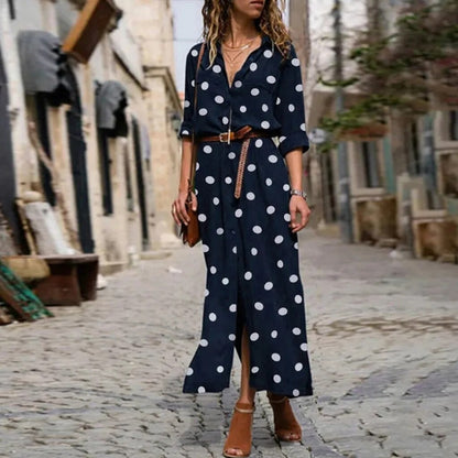 xakxx- Classic Polka Dot Dress Women Polo Neck Long Sleeve Buttons Dresses Office Lady Casual Dot H Feminino Vestidos Robes