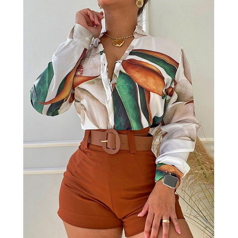xakxx Women Long Sleeve Floral Printed Tie Knot Top Blouse And Shorts Sets Casual Spring Shirts Female