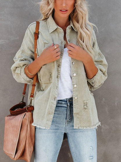 xakxx Jackets for Women  Spring Autumn New Lapel Long Sleeve Denim Coat Vintage Clothing Streetwear Ladies Tops Women Coats Frayed