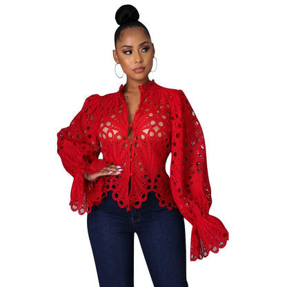 xakxx Women White Lace V Neck Hollow Out T-Shirts Long Sleeve Blouse Eyelet Embroidery Button Front Bell Sleeve Tops