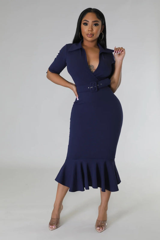 xakxx Women's Formal Dress POLP Collar Elegant Ruffle trim Women's Fashion Casual Belt  Evening Dress For Women