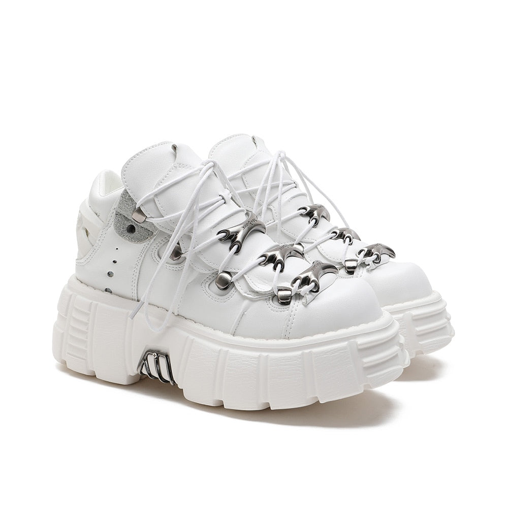 xakxx Halloween Women's Punk Style Leather Shoes Lace-Up Heel Height 6CM Platform Female Gothic Ankle Boots PU Metal Decor Thick Bottom Sneakers