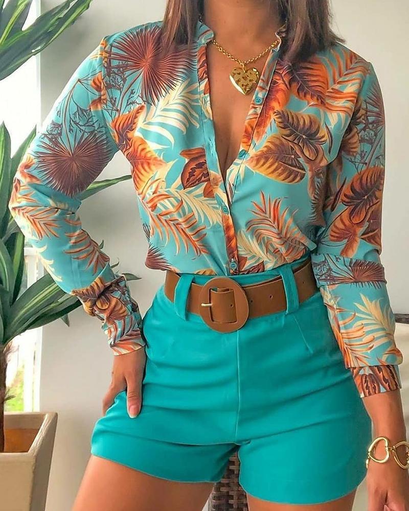 xakxx Women Long Sleeve Floral Printed Tie Knot Top Blouse And Shorts Sets Casual Spring Shirts Female