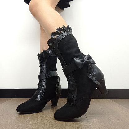 xakxx Halloween Brand New Big Size 43 Sweet Bowknot Ruffles Med Heels Shoelace Gothic Lolita Style Mid Calf Boots Women Shoes
