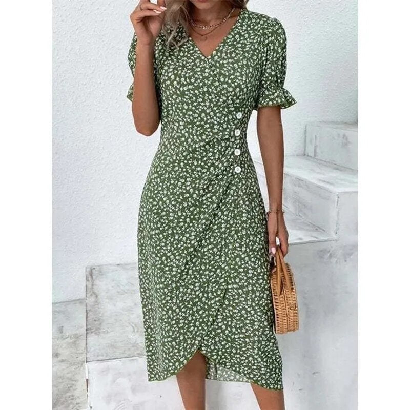 xakxx-  Autumn Floral Bodycon Midi Dress For Women V Neck Long Sleeve Ruched Slim Fit Dresses Female Sexy Vestido Robe
