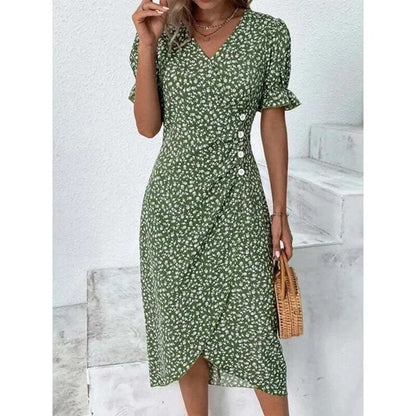 xakxx-  Autumn Floral Bodycon Midi Dress For Women V Neck Long Sleeve Ruched Slim Fit Dresses Female Sexy Vestido Robe