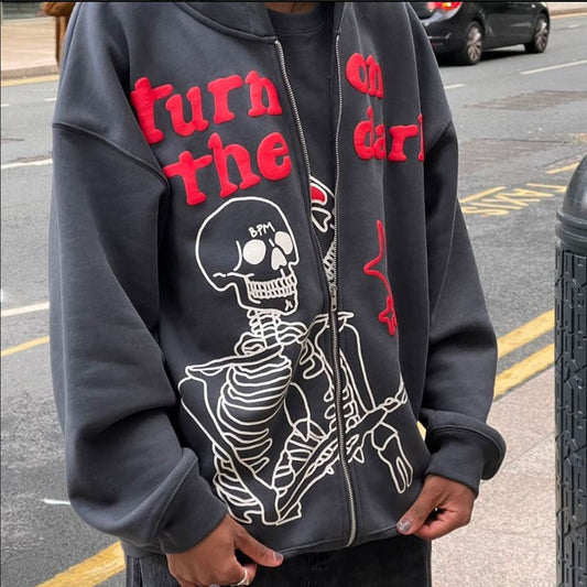 xakxx Men's Hoodies Hip Hop Skeleton Print Long Sleeve Oversized Sweatshirts Tops Y2k Gothic Grunge Zip Up Hoodie Jacket Streetwear