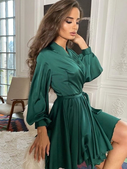 xakxx Sexy Satin Sashes A Line Mini Dress Lantern Sleeve Elegant Party Dress  Spring Fashion Women's Clothing Streetwear Vestidos
