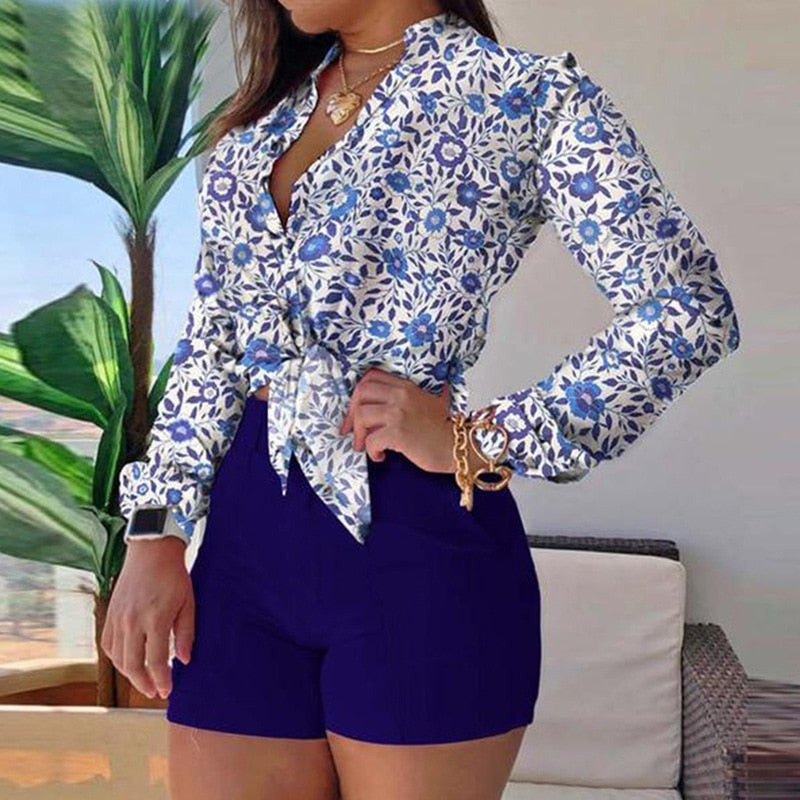 xakxx Women Long Sleeve Floral Printed Tie Knot Top Blouse And Shorts Sets Casual Spring Shirts Female