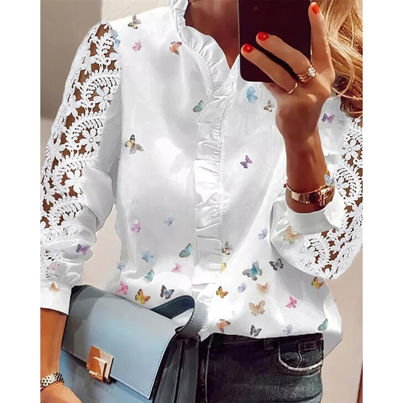 xakxx xakxx Autumn outfits Women Elegant Fashion Butterfly Print Blouses Top Ruffled Trim  Casual Long Lace Sleeve Blouse