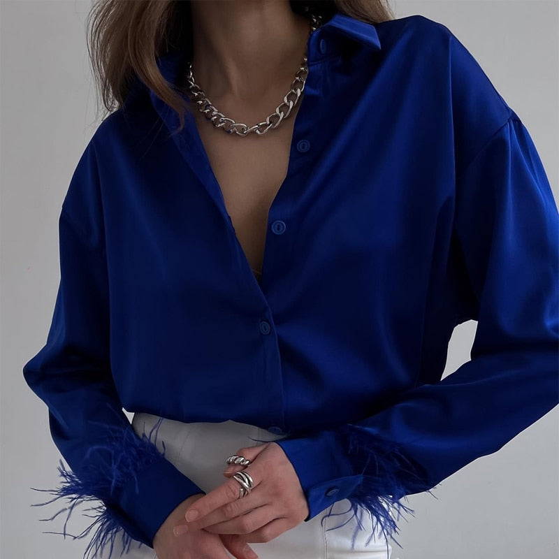 xakxx Feather Cuffs Elegant Women Shirts  Satin Spring Fashion Button Down Blouse Long Sleeves Loose Turndown Collar Tops