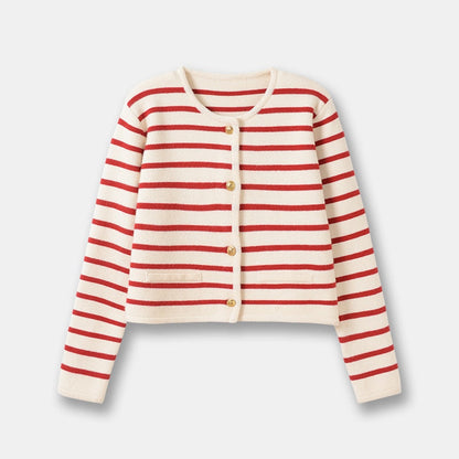 xakxx Women Single Breasted Striped Cardigan Jacket O-Neck Long Sleeve Casual Slim Short Knitted Coat for Ladies  Spring