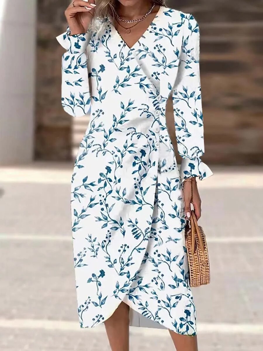 xakxx-  Autumn Floral Bodycon Midi Dress For Women V Neck Long Sleeve Ruched Slim Fit Dresses Female Sexy Vestido Robe