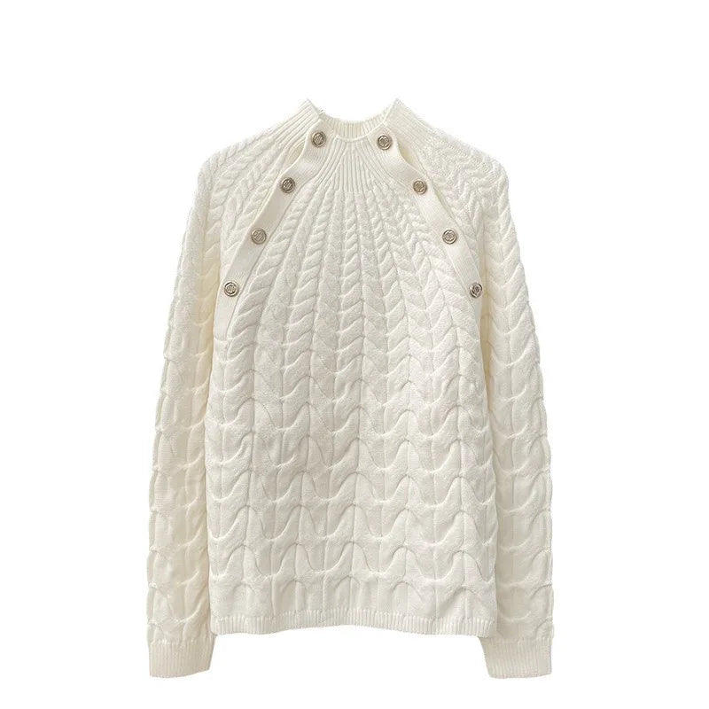 xakxx xakxx Women's Pullover Autumn Clothing Fashion Standing Collar White Threaded Knit Sweater Top