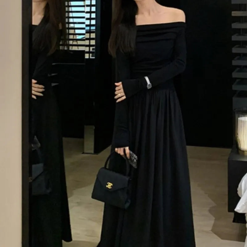 xakxx French Women Off Shoulder Midi Dress  Casual Female A-line One Pieces  Fashion Vintage Long Sleeve Lady Solid Casual Clothes