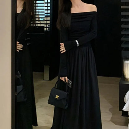 xakxx French Women Off Shoulder Midi Dress  Casual Female A-line One Pieces  Fashion Vintage Long Sleeve Lady Solid Casual Clothes
