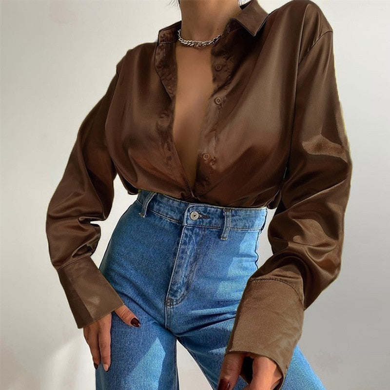 xakxx Satin Long Sleeve Blouses Women  Vintage Blue Green Silk Shirt Women Casual Loose Button Up Down Shirts Elegant Tops 18913