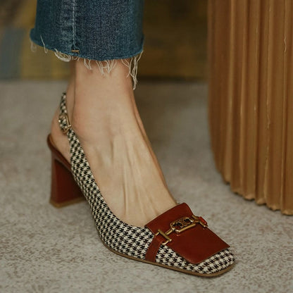 xakxx Retro Fashion Women's Shoes Thousand Bird Lattice Soft Leather Ladies Pumps Spring Square Toes Chunky Heels Female Shoes