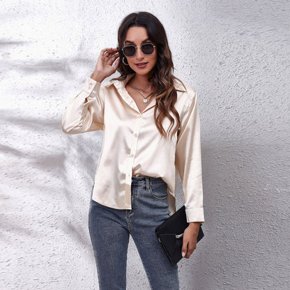xakxx Spring White Blouses Vintage Women Elegant Top  Casual Shirt Oversize Satin Silk Loose Shirts Long Sleeves Clothing