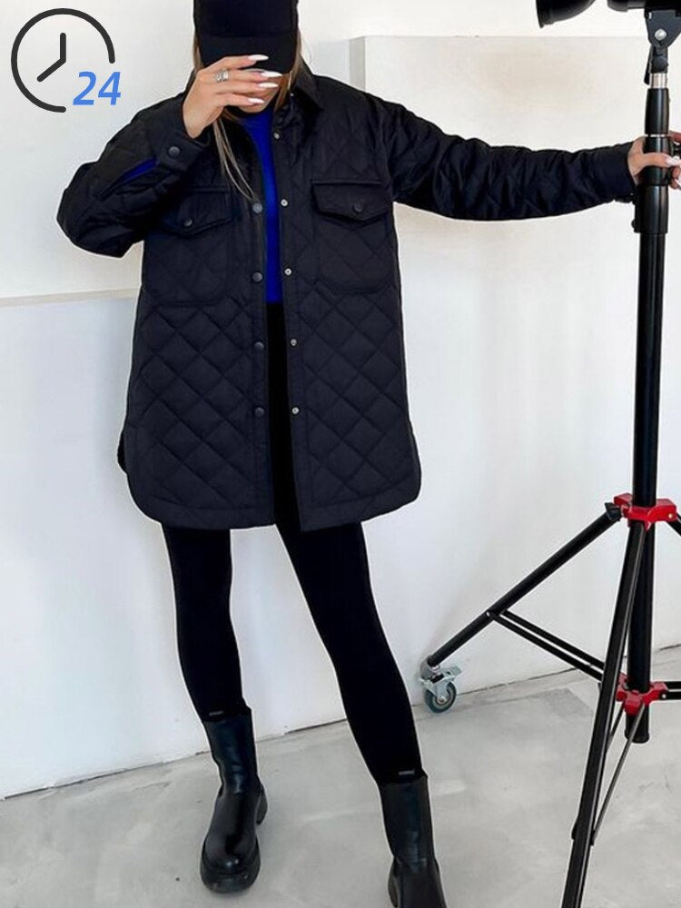 xakxx Women's Winter Jacket New Super Hot Single-breasted Lapel Long Green Loose Warm Plaid Top Casual Streetwear Quilted Coats Female