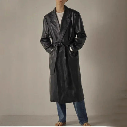 xakxx Woman Trench Coat Winter Female Clothing Belted Mid-Length Solid Color Loose Leather Jacket Coat