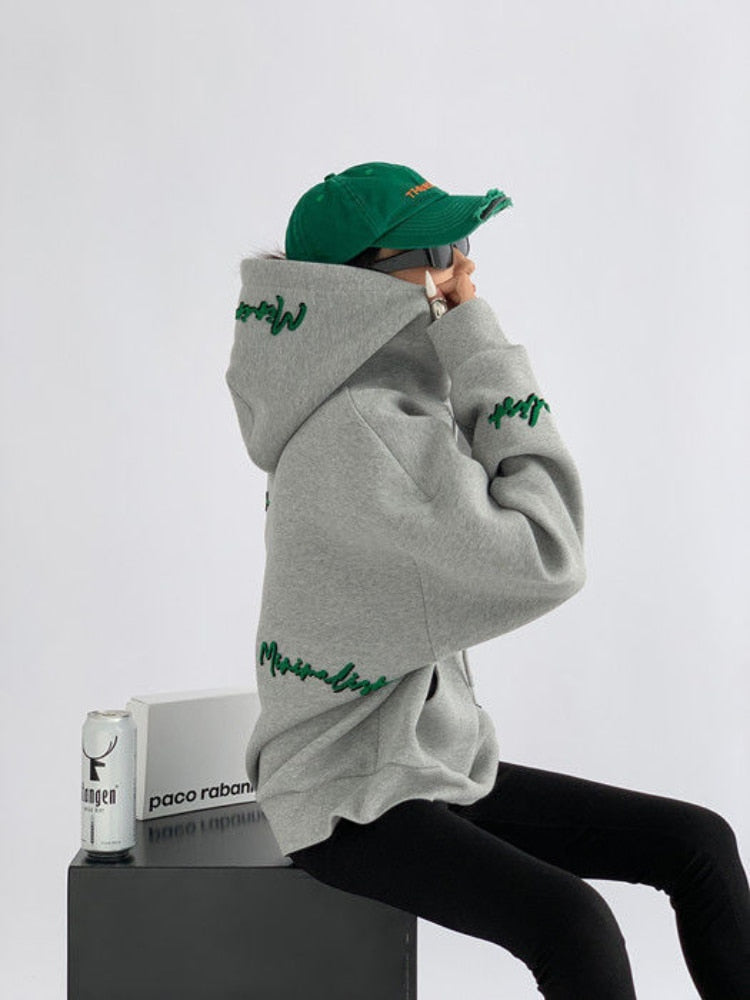 xakxx Vintage Gray Oversize Hoodies Women Harajuku Hip Hop Embroidery Loose Sweatshirts Long Sleeve Casual Tops Grunge Korean