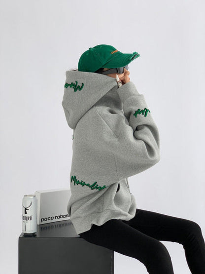 xakxx Vintage Gray Oversize Hoodies Women Harajuku Hip Hop Embroidery Loose Sweatshirts Long Sleeve Casual Tops Grunge Korean