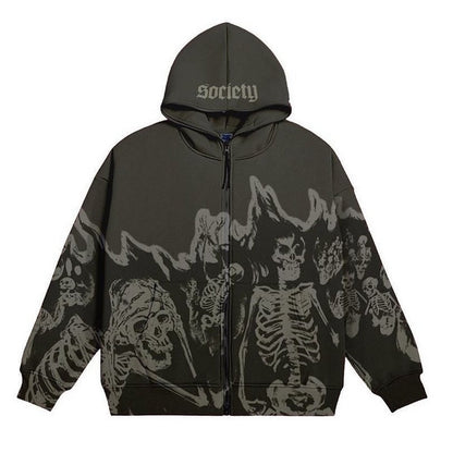 xakxx Vintage Printed Hoodies High Street Zip Up Hooded Sweatshirt Jacket Harajuku Goth Oversized Autumn Winter Streetwear Hoodie Tops