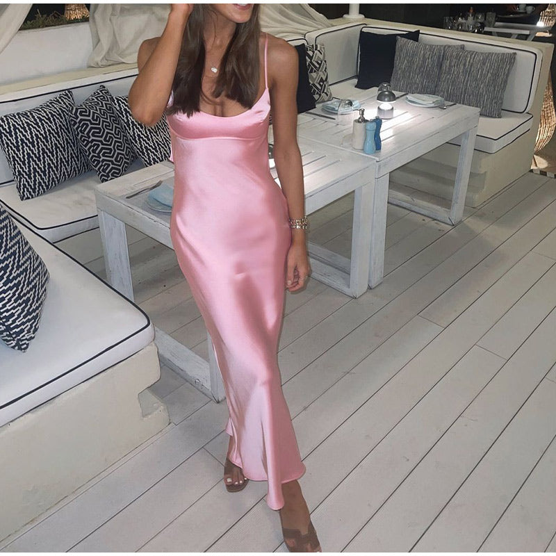 xakxx  Pink Camis Satin Long Dresses Elegant Sleeveless Slip Holiday Party Dresses Sexy Casual Backless Summer Dresses Women