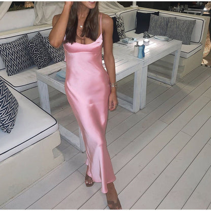 xakxx  Pink Camis Satin Long Dresses Elegant Sleeveless Slip Holiday Party Dresses Sexy Casual Backless Summer Dresses Women
