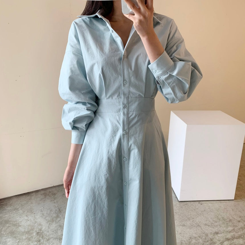 xakxx Spring Elegant Office Lady Vintage Office Puff Sleeve Shirt Dress Women Casual Single-Breasted A-Line Dresses