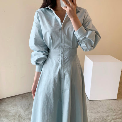 xakxx Spring Elegant Office Lady Vintage Office Puff Sleeve Shirt Dress Women Casual Single-Breasted A-Line Dresses