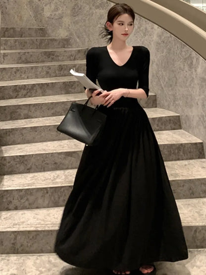 xakxx  Vintage Long Sleeve Midi Dress Fashion New Patchwork A-line Casual Female Clothes Vintage V-neck Slim Waist One Pieces Robe