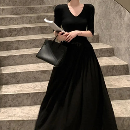xakxx  Vintage Long Sleeve Midi Dress Fashion New Patchwork A-line Casual Female Clothes Vintage V-neck Slim Waist One Pieces Robe