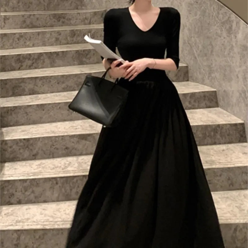 xakxx  Vintage Long Sleeve Midi Dress Fashion New Patchwork A-line Casual Female Clothes Vintage V-neck Slim Waist One Pieces Robe