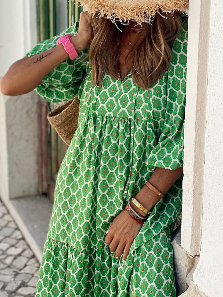 xakxx Boho Maxi Dress Women Floral Print Summer Holiday Beach Dress Female Short Puff Sleeve Loose Sundress Green Vestidos Mujer