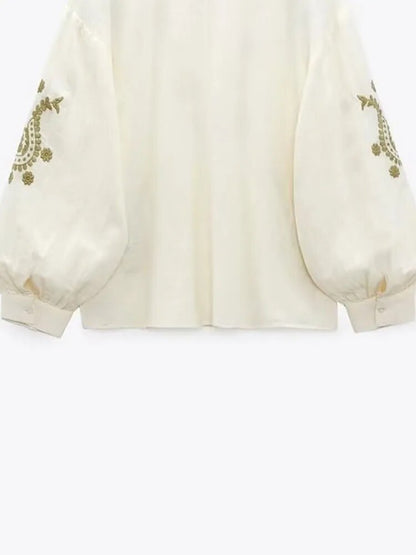 xakxx xakxx - New women's embroidered cotton shirt V-neck long-sleeve cuffs pleated design contrast embroidery decoration