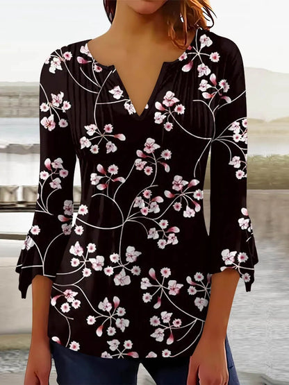 xakxx xakxx-  New Printed Shirt Women V Neck Button Fold Mid Sleeve Lady High Quality Elegant Top Autumn Blouse