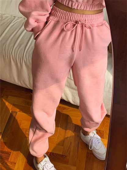 xakxx Women Pullover Hoodies Sweatshirts Suit Winter Spring Solid Casual Tracksuit Fleece 2 Pieces Set Sweatpants Quality Outfits