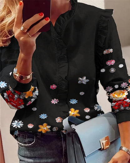 xakxx xakxx Women Elegant Fashion Butterfly Print Blouses Top Ruffled Trim Casual Long Sleeve Blouse