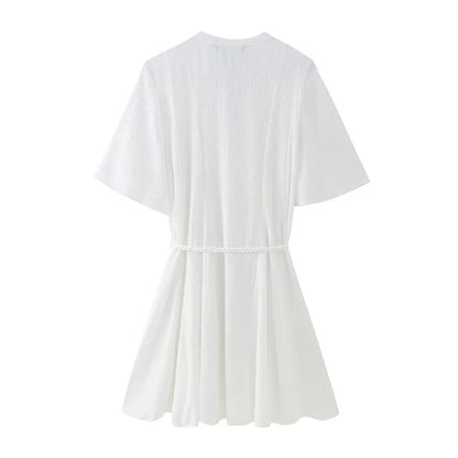 xakxx - New women's  round neck short sleeve dress V-shaped neckline with lining woven belt short dress