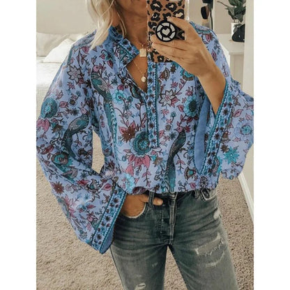 xakxx- Vintage Bird Flower Printed Blouse Women V Neck Button Long Sleeve Tops Autumn Chic Shirts Oversize 5Xl