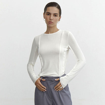 xakxx Solid Simple White Women's T-shirt Elegant Round Neck Long Sleeve Tops Female Slim T Shirts Women Outfits Basic Tees