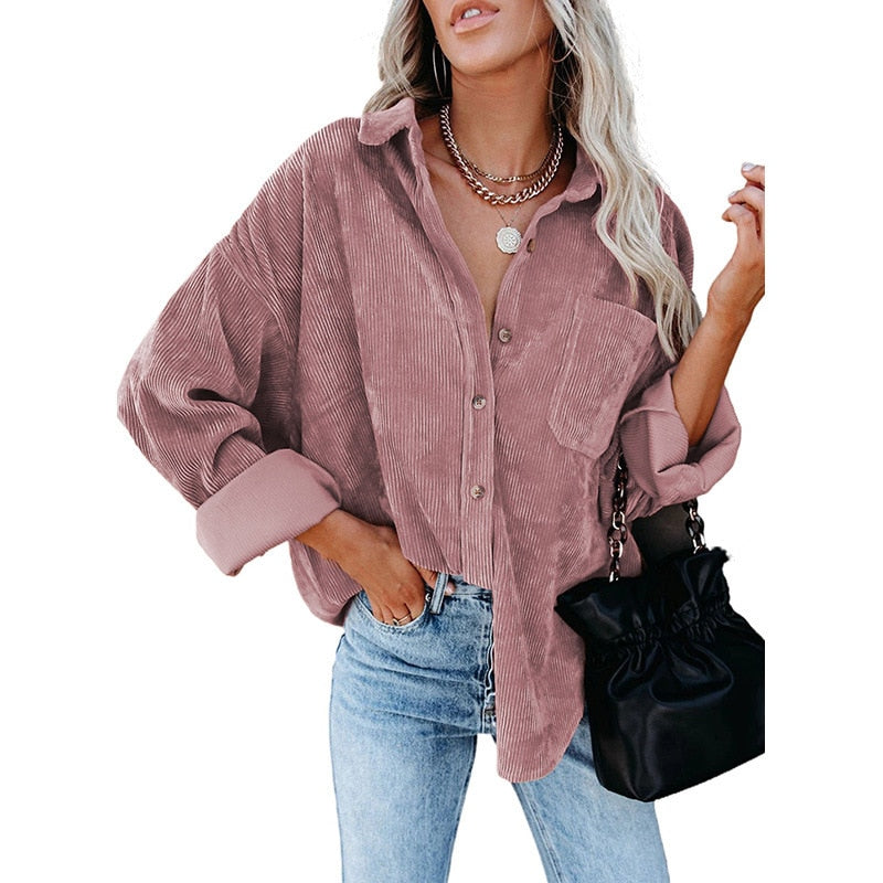 xakxx  Autumn Fashion Vintage Corduroy Blouse Jacket Strip Shirt Women Cotton Casual Tops Button Pocket Loose Blouse Outwear