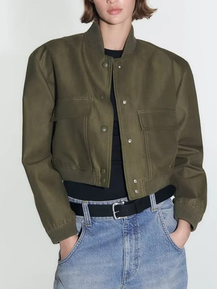 xakxx - NEW WOMEN'S RUNNING DECORATION WITH ONE TONE RIBBON TRIM LAYER FRONT SNAP CLOSED BIG POCKET PILOT JACKET COAT