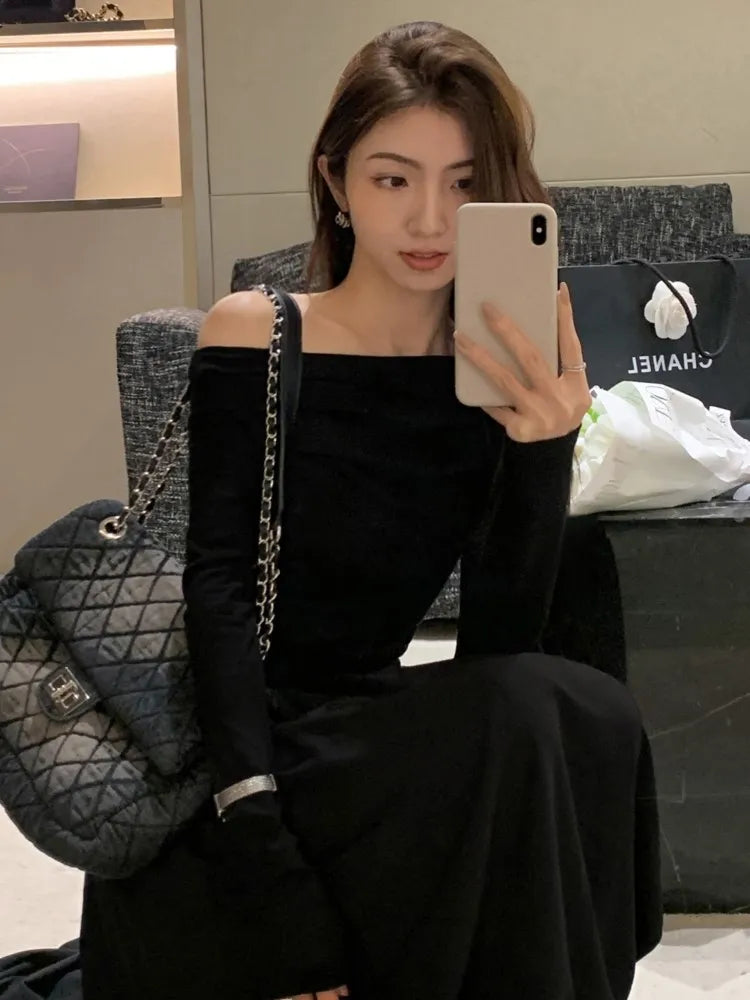 xakxx French Women Off Shoulder Midi Dress  Casual Female A-line One Pieces  Fashion Vintage Long Sleeve Lady Solid Casual Clothes