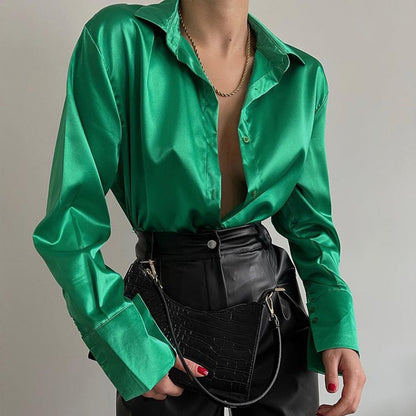 xakxx Satin Long Sleeve Blouses Women  Vintage Blue Green Silk Shirt Women Casual Loose Button Up Down Shirts Elegant Tops 18913