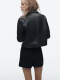 xakxx-  spring new women's black loose casual hundred sexy Riley retro lapel temperament imitation leather jacket jacket