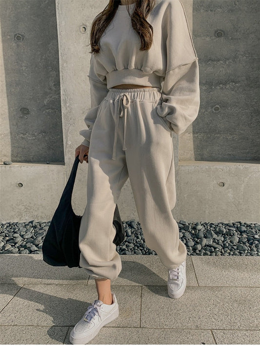 xakxx Women Pullover Hoodies Sweatshirts Suit Winter Spring Solid Casual Tracksuit Fleece 2 Pieces Set Sweatpants Quality Outfits